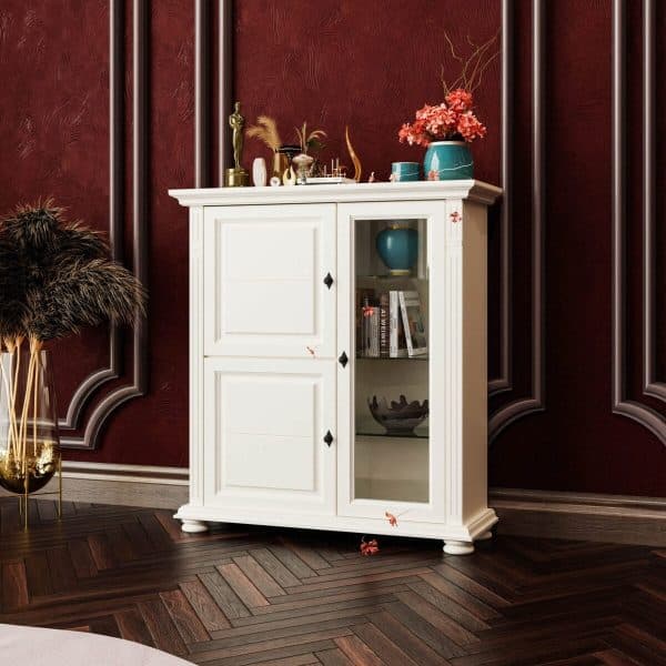 Kommode Skagen mit Vitrine aus Massivholz, Vanille