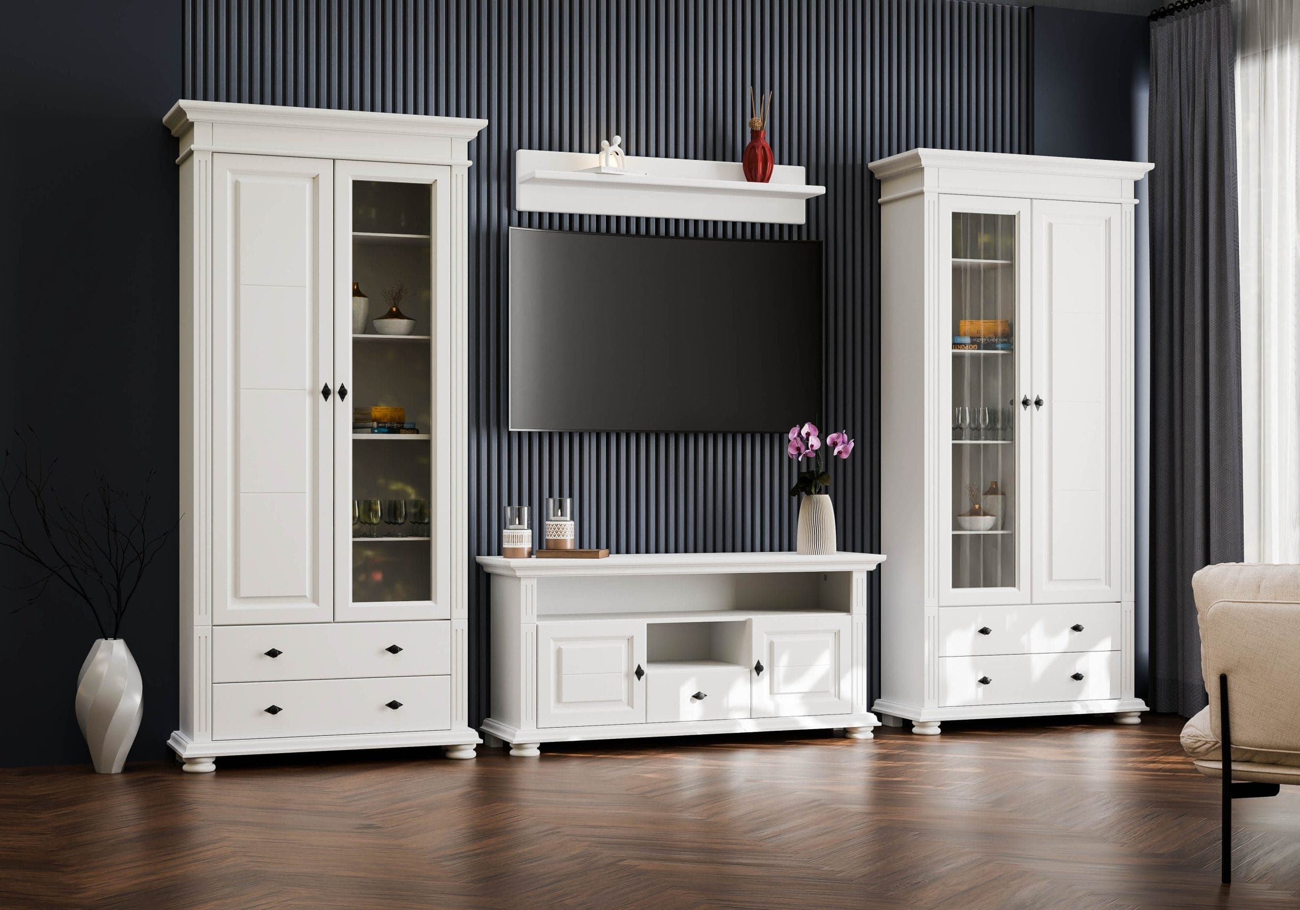 Wohnzimmer Skagen 3 – Massivholz-Set mit 2 Vitrinen