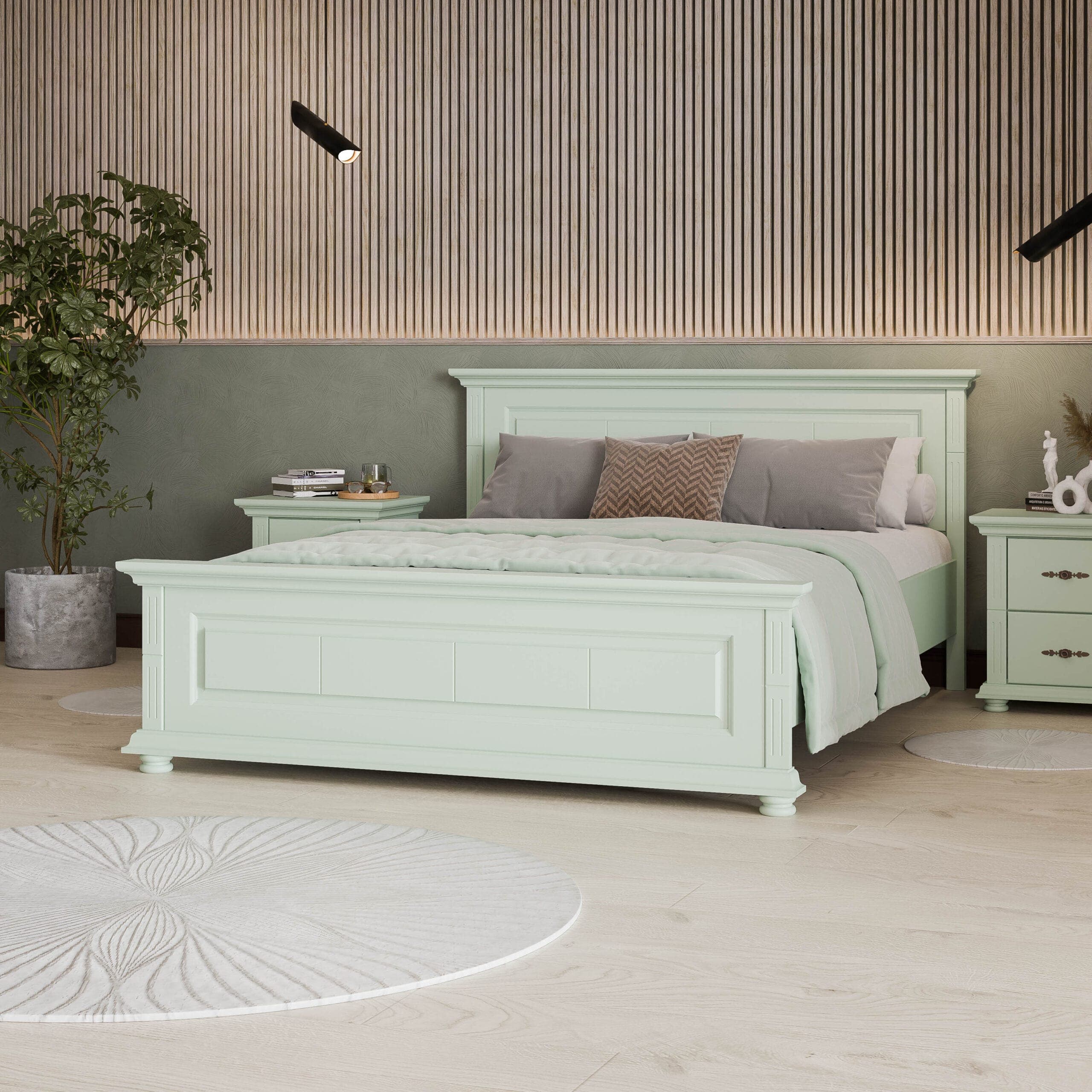 Massivholzbett Skagen 140 in Pastellgrün, großes Kopfteil